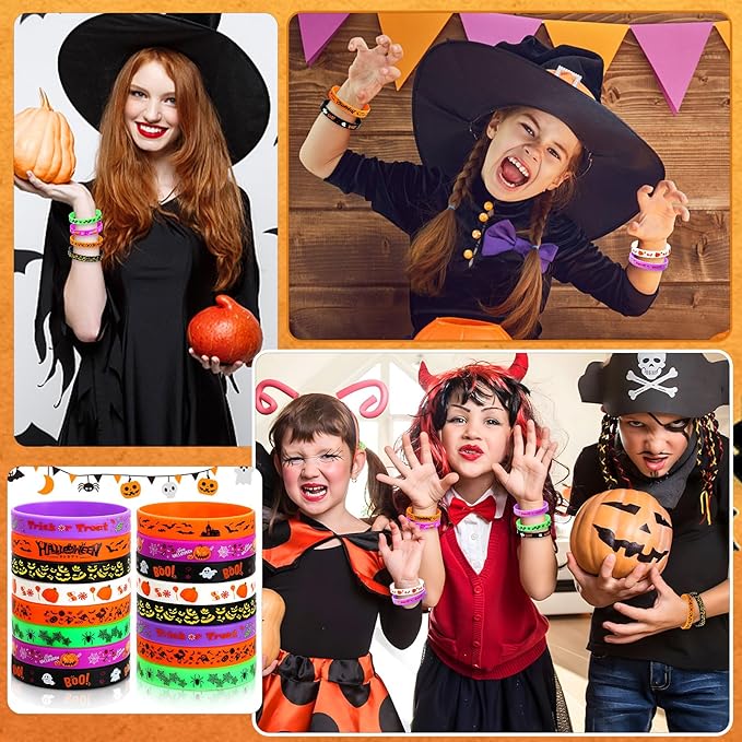 JUNEBRUSHS Halloween Party Favors, 24pcs Halloween Silicone Bracelets Rubber Wristbands for Halloween Party Decorations Trick or Treat Goodie Bag Stuffers Fillers Accessories Supplies(8 Designs)