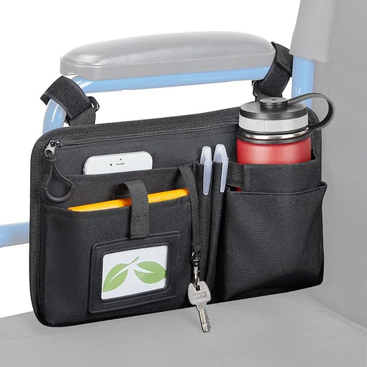 JOYTUTUS Wheelchair Side Bag, Upgraded Walker Pouch Bag with Cup Holder, Wheelchair Armrest Accessories for Walker, Rollator, Electric Scooter Wheelchairs, Ideal Gift for Seniors, Black