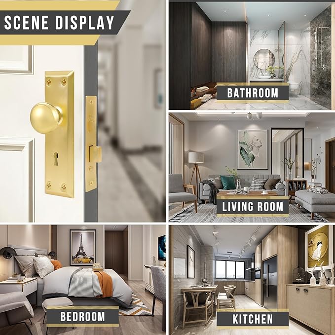 Vintage Door Knob with Lock for Interior Doors Polished Gold, Antique Brass 1 Pack Mortise Lock Set, Old Fashioned Bathroom & Bedroom with Skeleton Key for Old House Doors