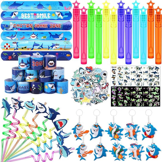 Golray 110Pcs Shark Party Favors Birthday Supplies, Straws Bubble Wands Slap Bracelet Keychain Tattoo Sticker Toy Gift Kids Boys Shark Goodie Bag Stuffer Ocean Under the Sea Party Favors