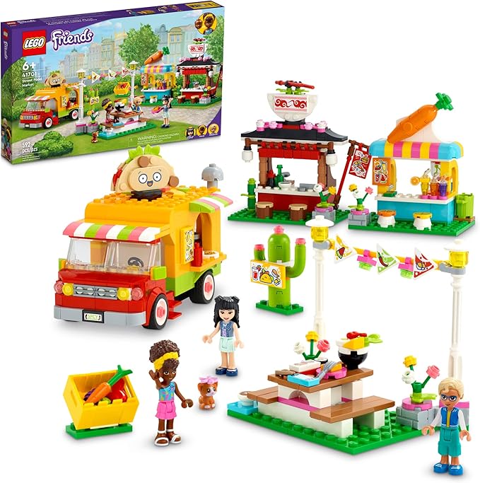 LEGO Friends Street Food Market 41701; New Food-Play Building Kit Promotes Imaginative Play; Includes Emma and Kitten Toy; Birthday Gift for Kids Aged 6+ (592 Pieces)
