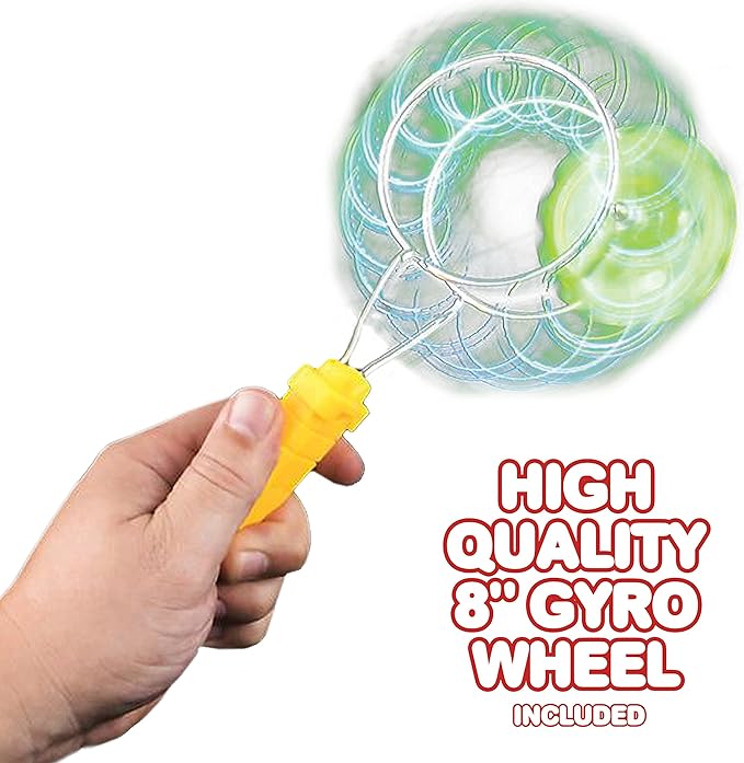 Retro Gyro Wheel Toy with Rail Twirler by ArtCreativity – 8'' Gyro Toy and 8.5'' Magic Rail Twirler – Fun Spinning and Flashing Light Sensory Toy – Great Gift for Boys and Girls