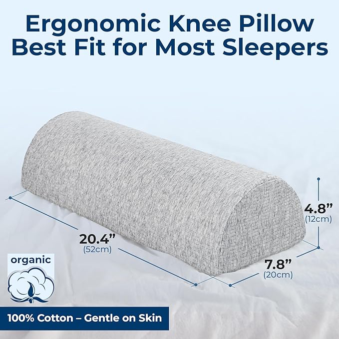 5 STARS UNITED Knee Pillow for Back Sleeping – Memory Foam Cushion for Sciatica Pain Relief – Under Leg Support for Sleeping on Back – Half Moon Bolster for Bed, Gray Cotton Cover