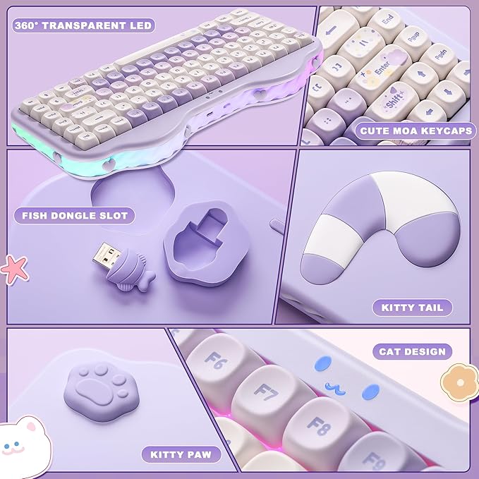 YUNZII C75 Wireless Mechanical Keyboard,75% Layout, Hot-Swappable NKRO,BT5.0/2.4G/USB-C Mode,Dye-Sub PBT MOA Keycaps,RGB Gasket Mount,Cute Cake Design for Mac/Win/Gaming (Purple, Candy Switch)