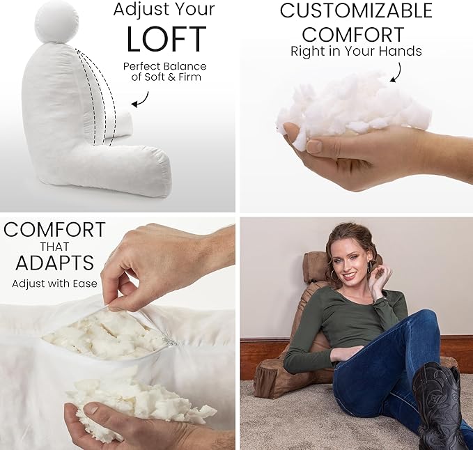 Husband Pillow Medium Aspen Edition Saddle Brown, Sit Up Reading & Bed Rest with Arms, Ultra-Comfy, Detach Neck Roll - Premium Shredded Memory Foam Backrest, Reverses to Micro: Suede or Plush