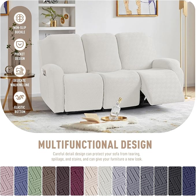 KinCam Recliner Covers, Stretch Reclining Chair Covers, Recliner Sofa Slipcovers Stripe Jacquard Recliner Couch Covers Furniture Protector Covers for Pet Kid (3 Seater, Cream)