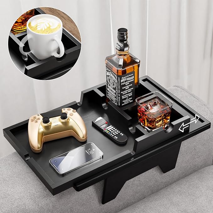 Bamboo Couch Cup Holder Tray - 2 in 1 Couch Armrest Table with Be Slide-Away Detachable Double Holder - Foldable Sofa Armchair Caddy for Drinking Snacks iPad TV Remote (Black)
