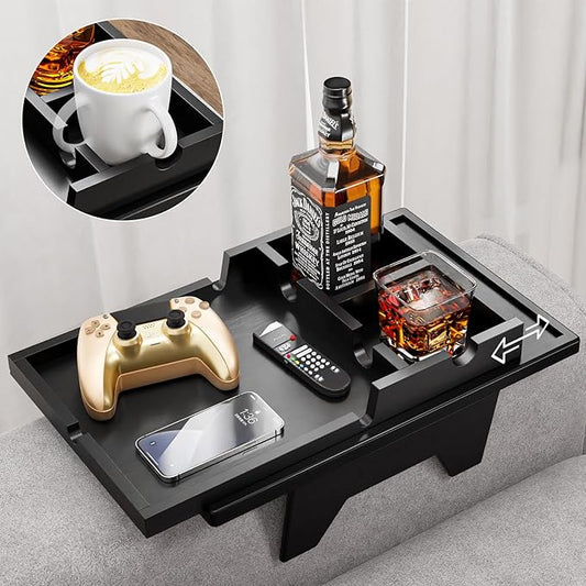 Bamboo Couch Cup Holder Tray - 2 in 1 Couch Armrest Table with Be Slide-Away Detachable Double Holder - Foldable Sofa Armchair Caddy for Drinking Snacks iPad TV Remote (Black)