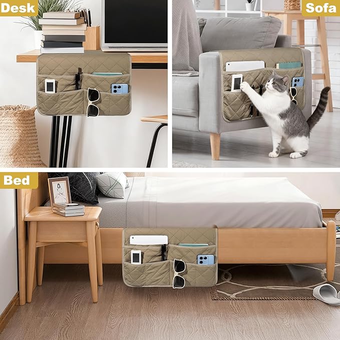 Remote Control Holder for Recliner,Armchair Caddy,Non Slip Sofa Armrest Storage Organizer for Recliner Couch with 6 Pockets for TV Remote,Cell Phone,Magazine (Beige)