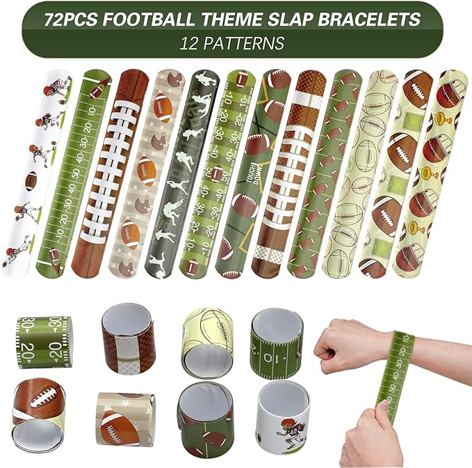 72PCS Football Slap Bracelets Wristband Football Party Favors, Football Birthday Rugby Match Party Supplies Kids Classroom Gifts, Sports Themed Bracelets for Kids and Adults, 12 Designs