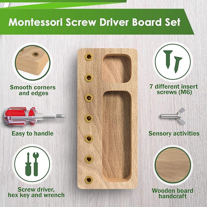 Panda Brothers Montessori Screwdriver Board Set - Wooden Montessori Toys for 4 Year Old Kids and Toddlers, Sensory Bin, Fine Motor Skills, STEM Toys