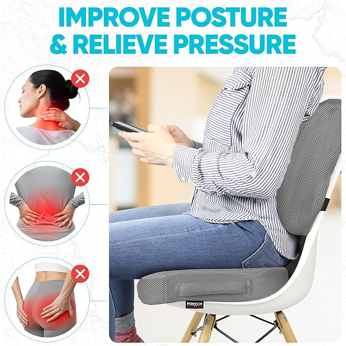 FORTEM Seat Cushion, Office Chair Cushion, Lumbar Support Pillow for Office Chair, Memory Foam Sciatica Coccyx Tailbone Pressure Pain Relief, Car Sitting Pad, Washable Non Slip