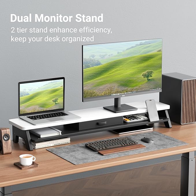 AFOOYO Dual Monitor Stand Riser,LED 2-Tier 39.3 Inch Computer Monitor Stand for 2 Monitors,Office Desktop Organizer with Storage Drawer and Phone Holder for Laptop,PC,Computer,Printer,White