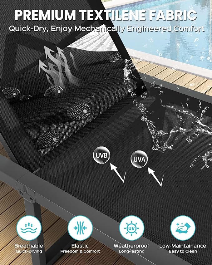 Aluminum Chaise Lounge Outdoor Set of 2, Foldable & Assembly Free Patio Pool Lounge Chairs 5-Position Recliner for Outside Poolside, Fully Grounded Legs Sun Lounger for Beach, Yard, Black