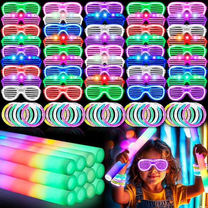 96Pcs Glow in the Dark Party Supplies for Kids & Adults, Neon Light up Glasses, Foam Glow Sticks&LED Glow Bracelets, Ideal for Birthdays Halloween Weddings Carnival, and Rave Hora Loca Party favors
