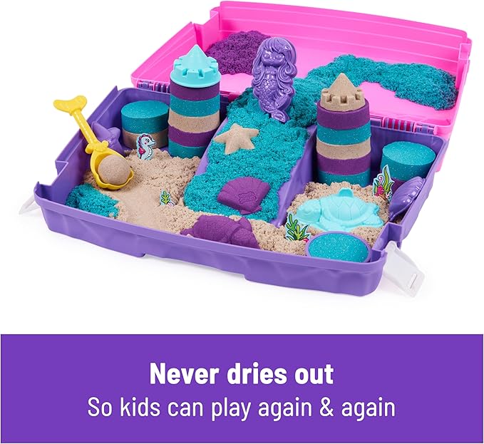 Kinetic Sand, Mermaid Palace Playset with 2.06lbs Play Sand (Neon Purple, Shimmer Teal & Beach), Tools & Folding Sandbox, Sensory Toys for Kids