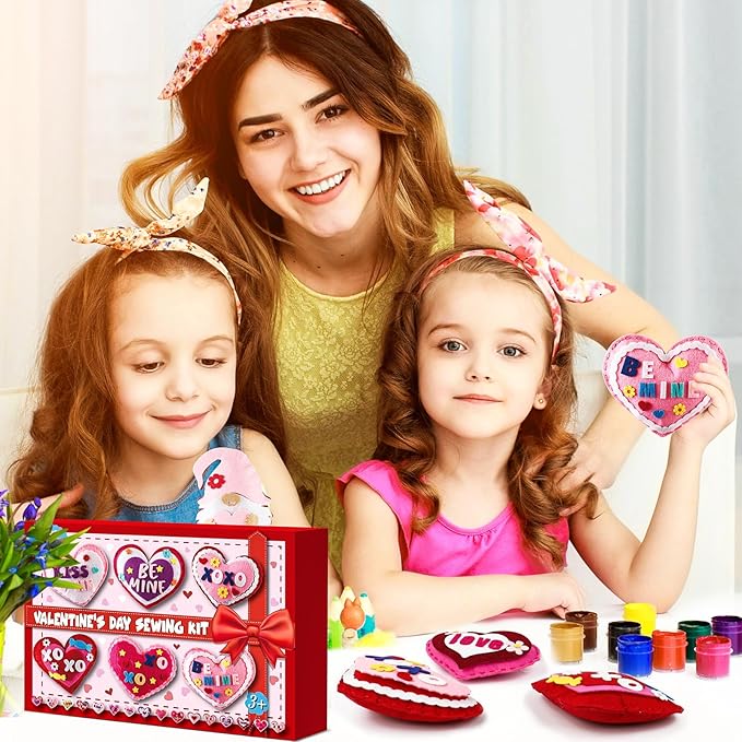 16 Sets Valentine's Day DIY Stuffed Craft Kit Heart Sewing Kit Valentines Day DIY Sewing Set for Beginners Heart Educational Gift Set for Boys and Girls Valentines Felt Ornaments Decoration for kids
