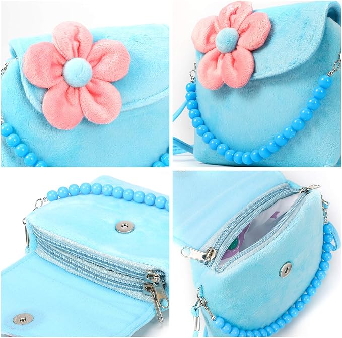 Kids Jewelry Little Girls Plush Handbag Necklace Bracelet Earrings Ring Hair Clips Set, Princess Costume Jewelry Party Favors Gift for Dress up Pretend Play (3-8 Years)