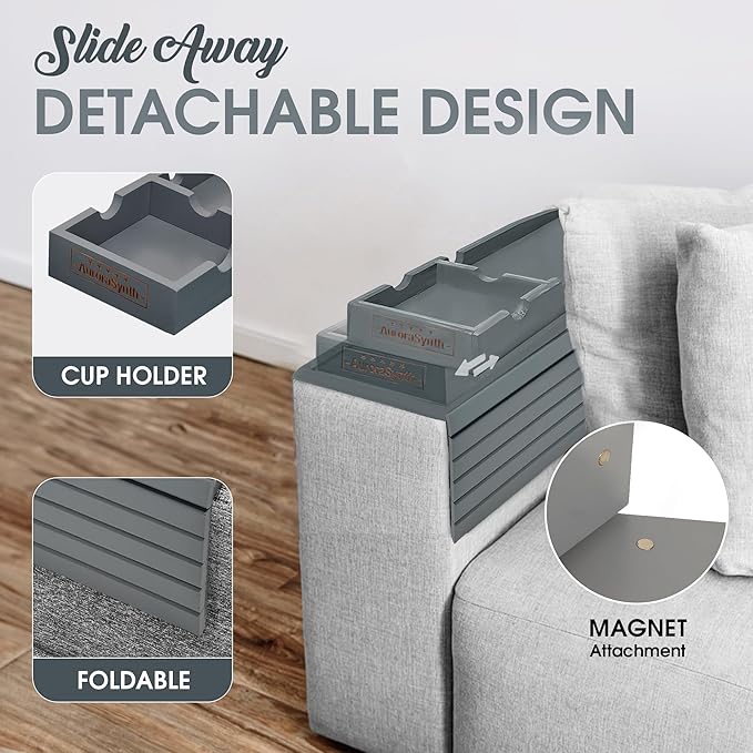 Couch Cup Holder Tray with 2 Cork Coasters, Caddy, Anti-Slip Foldable Armrest Sofa Tray, Anti-Spill Holder for Remote, Snacks, Cellphone - Ideal Gift (Grey)