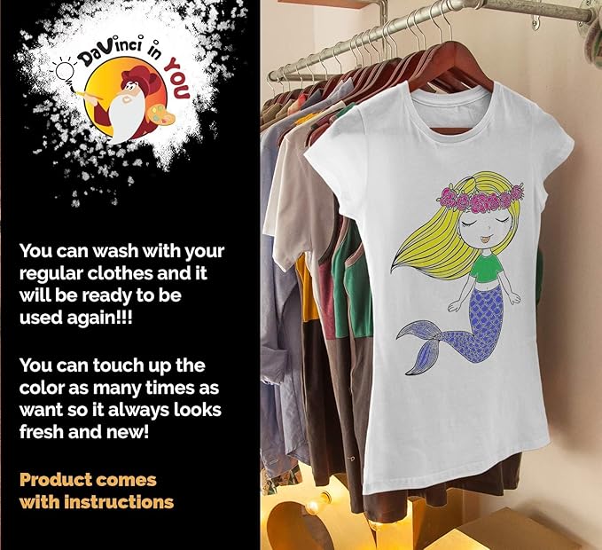 Coloring Shirt for Girls - Kit with 10 Fabric Markers and Alphabet Stencil (Mermaid, 10/12)