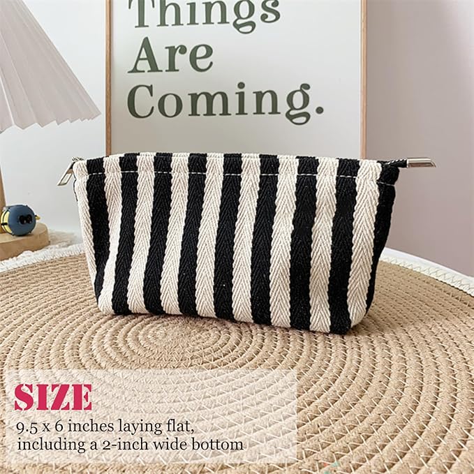 HAPPYHEIDI Small Black White Stripe Makeup Brush Bag Zipper Pouch Women Girls Purse Organizer,Canvas Lined, Premium Zipper
