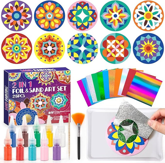 Foil Art & Sand Art Kit, 2 in 1 Mandala Arts and Crafts for Kids Ages 4-8, Mess Free DIY Coloring Kit for Girls and Boys, Thanksgiving Christmas Festivals Party Gifts