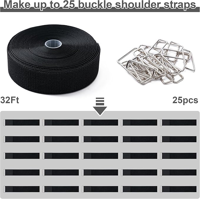 2" x32Ft Hook and Loop Straps Cinch Straps Heavy Duty with 25 Metal Buckles, Adjustable Fastening Cable Straps, Free Cut Length, Reusable Nylon Cable Ties for Organizer or Storage, 2 inch Wide Black