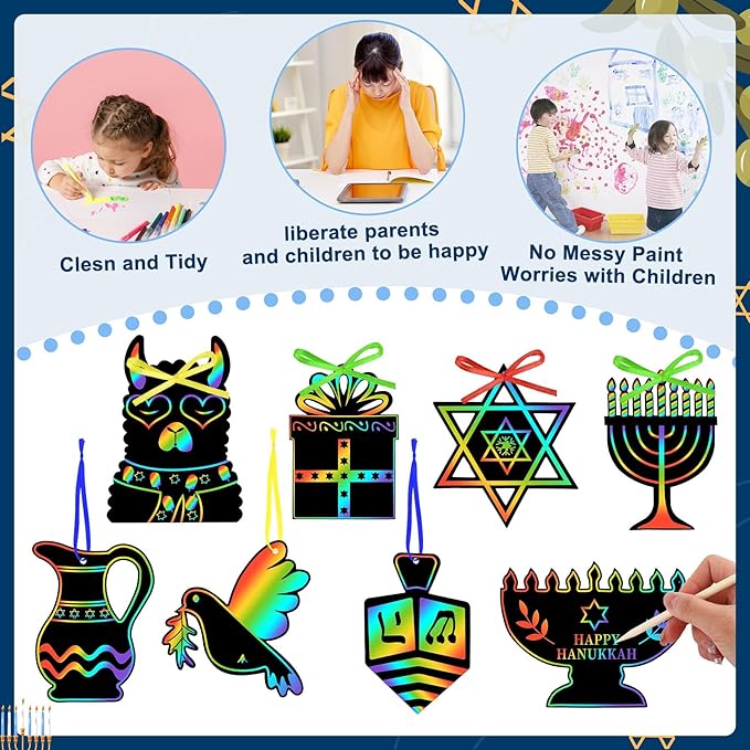 JULMELON Hanukkah Scratch Art, 36 PCS Hanukkah Craft Kits for Kids Rainbow Magic Scratch Art Chanukah Hanging Ornaments Scratch Paper for Hanukkah Decorations Kids Party Games Toys Gifts