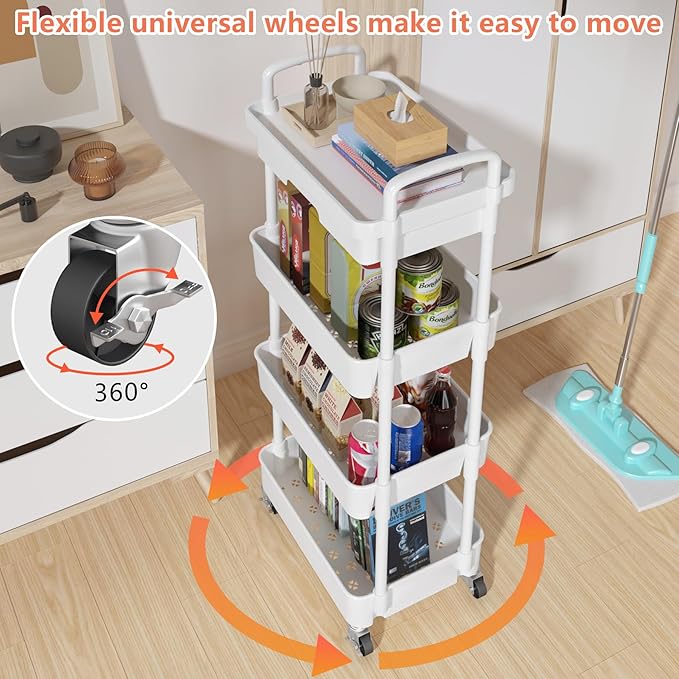 Calmootey 4-Tier Rolling Utility Cart with Drawer,Multifunctional Storage Organizer with Plastic Shelf & Metal Wheel,Storage Cart for Kitchen,Bathroom,Living Room,Office,White