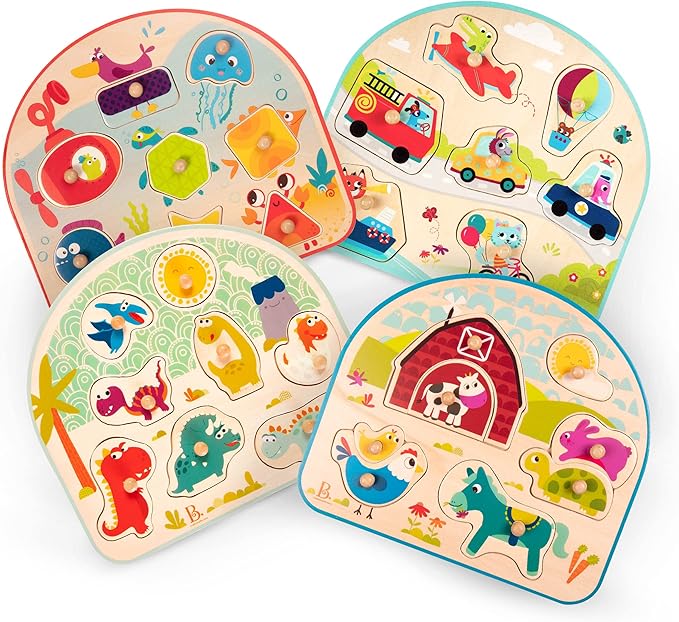B. Toys- 4 Wooden Peg Puzzles- Dinosaurs, Sea Animals, Vehicles, Farm – Puzzles for Toddlers, Kids – 18 Months +