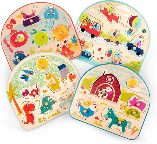 B. Toys- 4 Wooden Peg Puzzles- Dinosaurs, Sea Animals, Vehicles, Farm – Puzzles for Toddlers, Kids – 18 Months +