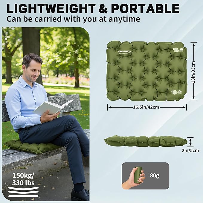 EULANT Inflatable Seat Cushion Lightweight Compact Stadium Seat Pad Camping Travel Air Seat Cushion for Airplane Hiking Bleachers Office Home Sports Events(Green)