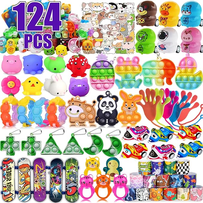 124 Pcs Party Favors for Kids,Pop Fidget Toys Bulk,Treasure Box Toys for Classroom Prizes,Pinata Filler, Goodie Bag Stuffers,Prize Box Toys,Treasure Chest Carnival Prizes for Boys Girls