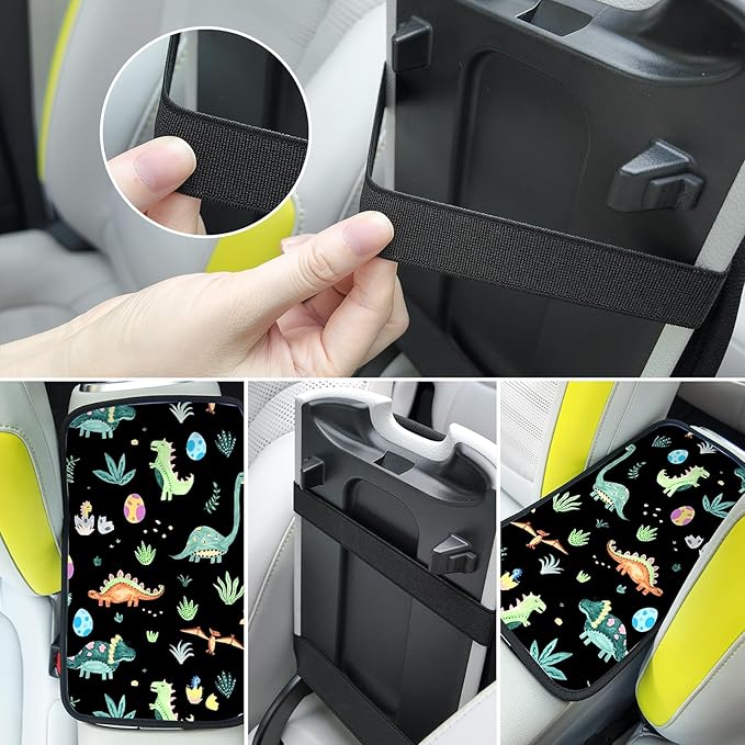 Adastrah Car Armrest Box Pad,Cute Dinosaur Car Armrest Pad Car Armrest Cover Protector for Most Vehicle, SUV, Truck, Car