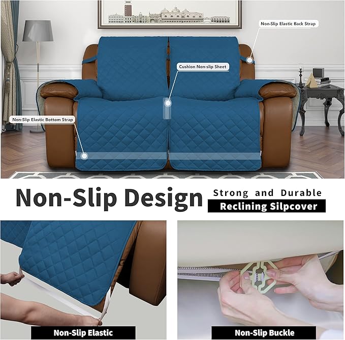 Easy-Going Loveseat Recliner Cover, Reversible Couch Cover for Double Recliner, Split Sofa Cover for Each Seat, Furniture Protector with Elastic Straps for Kids, Dogs(2 Seater, Peacock Blue/Beige)