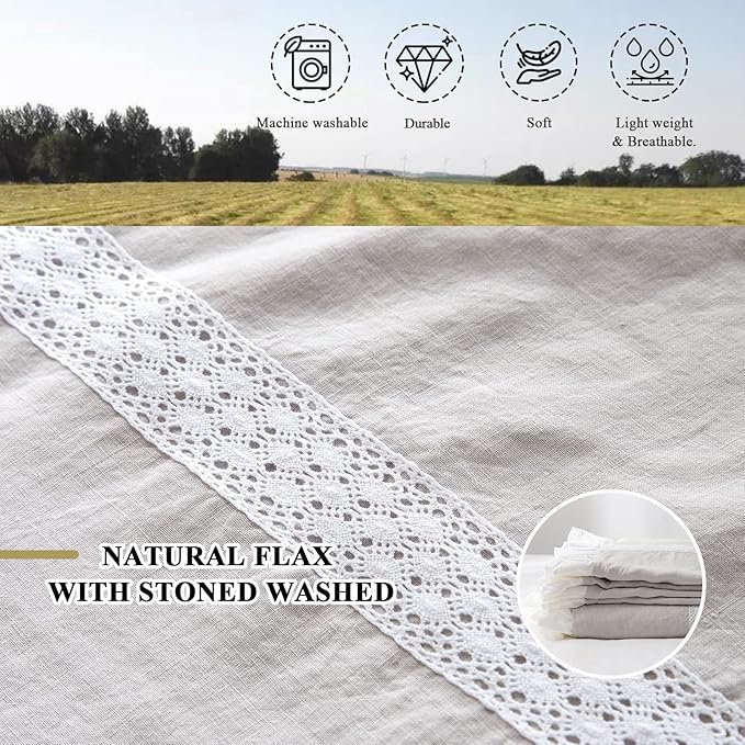 Simple&Opulence 100% Linen Duvet Cover Set (104"x92") Floral Flax King Size, Shabby Chic Ruffle Edge Lace Insert Decoration, 3 Pcs Farmhouse Bedding-1 Comforter Cover 2 Pillow Shams, Floral Grey