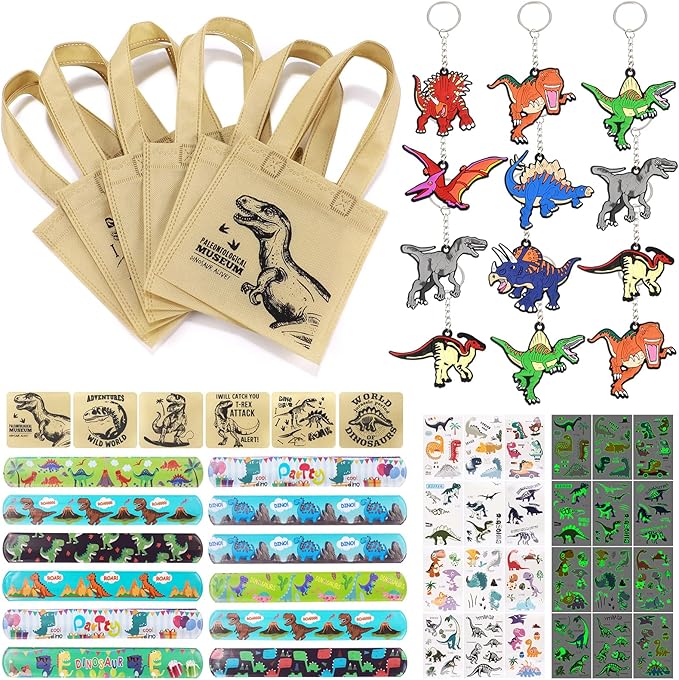 Golray 48Pcs Dinosaur Party Favors Dino Tote Non-woven Bags Dinosaur Keychain Slap Bracelets Glow In Dark Tattoos for Boy Kids Dinosaur Themed Birthday Party Supplies Treat Gift Goodie Bag Fillers