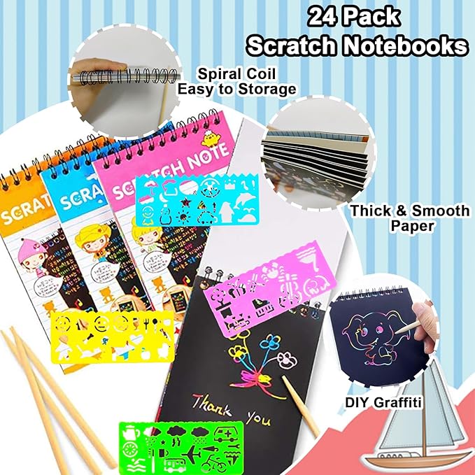 24 Pack Scratch Notebooks,Rainbow Scratch Paper Art Notebooks,Scratch Note Pads for Kids Rainbow Party Favors,Scratch Arts and Crafts Notebooks with 24 Wooden Stylus & 12 Drawing Stencils