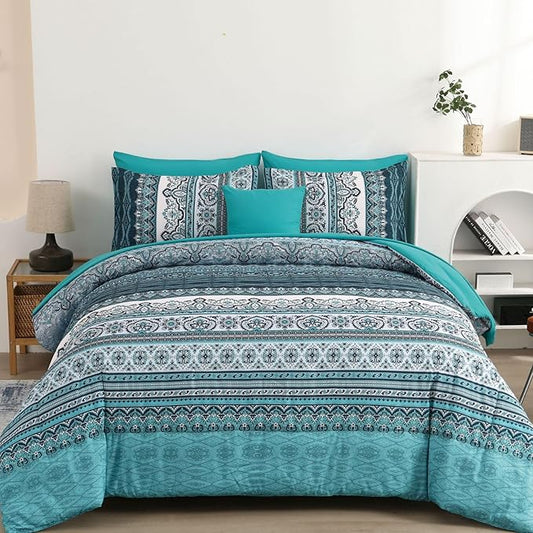 Cottolester Boho Full Size Comforter Set 8 Pieces, Teal Comforter Bohemian Striped Bed in A Bag, Soft Microfiber Bedding Set for All Seasons