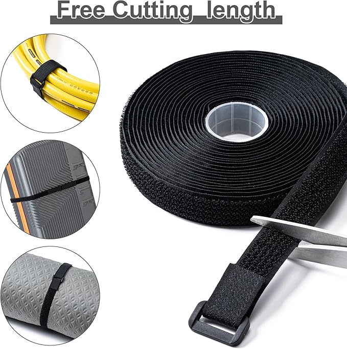 0.8" x32Ft Hook and Loop Straps with 50 Plastic Buckles, Adjustable Fastening Cable Straps, Free Cut Length, Reusable Nylon Cable Ties for Organizer or Storage, Black