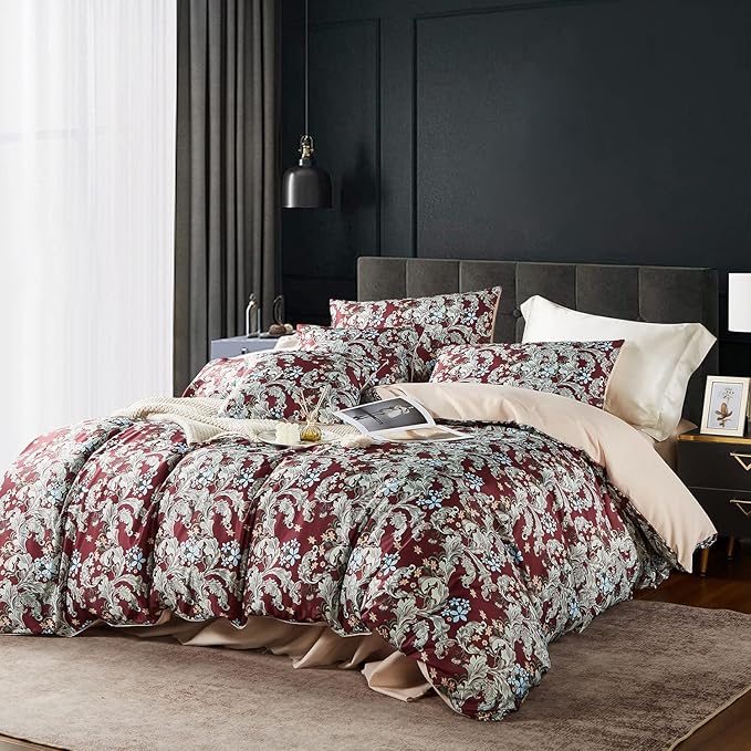 Red Floral Duvet Cover Set,5 PCS Colorful Blossom Print Comforter Covers Set,Queen Duvet Cover,Soft Bedding Set,Reversible Design(Summer,Queen)