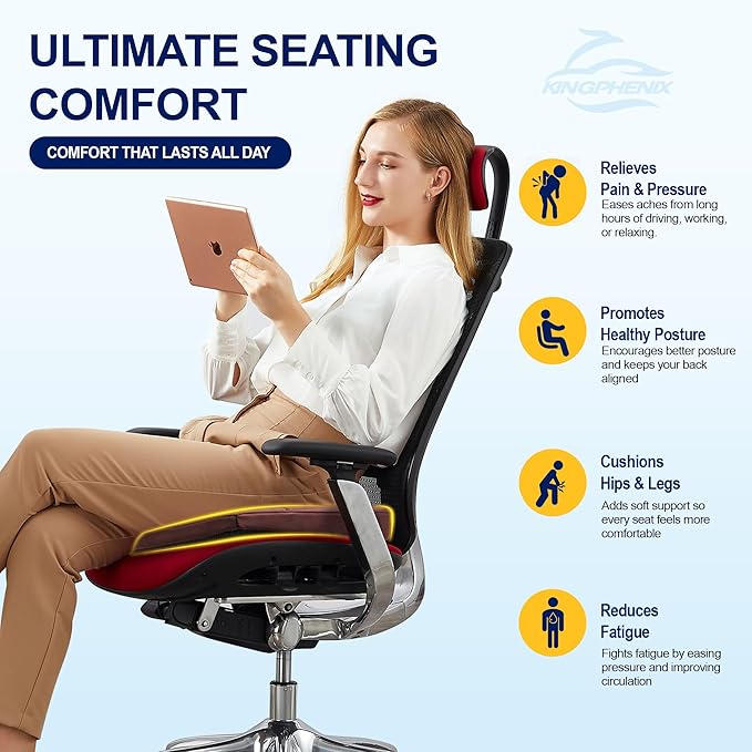 kingphenix Car Seat Cushion – Memory Foam Pad for Driving Comfort – Boosts Height and Relieves Coccyx & Lower Back Pain – Car, Truck, Office Chair (Leather & 4D Mesh Brown)