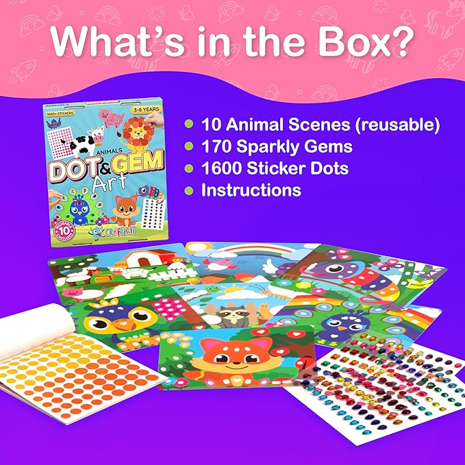Craftikit® 10 Dot Art & Gem Art Animal Crafts for Kids Ages 3-8 - Kids Gem Painting & Dot It Sticker Art - Arts and Crafts for Kids Ages 4-8
