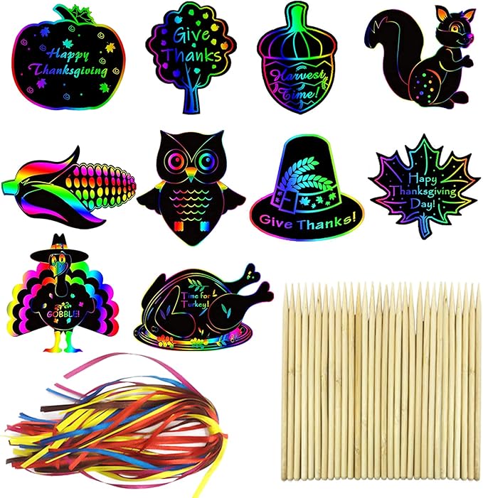 60PCS Thanksgiving Rainbow Scratch Art, Fall Paper Crafts for Kids, Thanksgiving Day Pumpkin Maple Turkey Hanging Ornament Decorations, Art Craft Supplies for Home Tree Classroom Decor