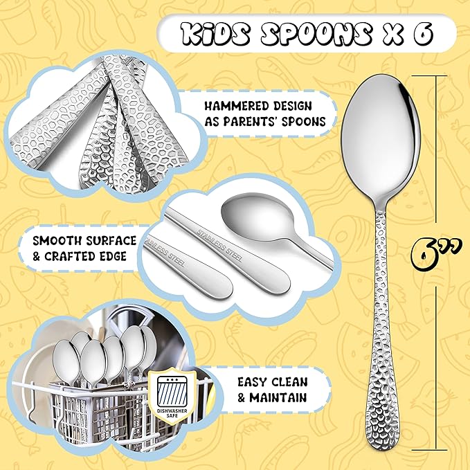 E-far Stainless Steel Kids Spoons, 6-Piece Toddlers Spoons Safe for Preschooler/Children, Hammered Adult look & Small Size, Rust Free & Dishwasher Safe