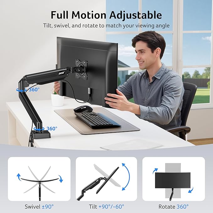 Acer Single Monitor Mount, Fully Adjustable Monitor Arm Fits 17 to 34 Inch Screens, Gas Spring VESA Mount with C-Clamp & Grommet Base, Computer Desk Arm with Tilt Swivel Rotate Supports 4.4-19.8 lbs