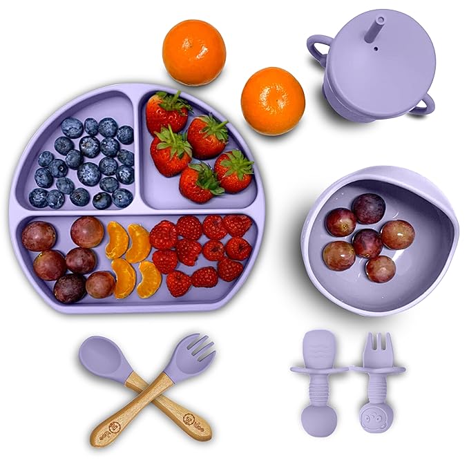 O'doe 17-Piece BPA-Free Silicone Baby Feeding Set | Thick & Soft Suction Plates, Baby Bowls, Wooden Fork & Spoon, and More | Make Mealtime Fun and Easy for Your Little One (Purple, V2)