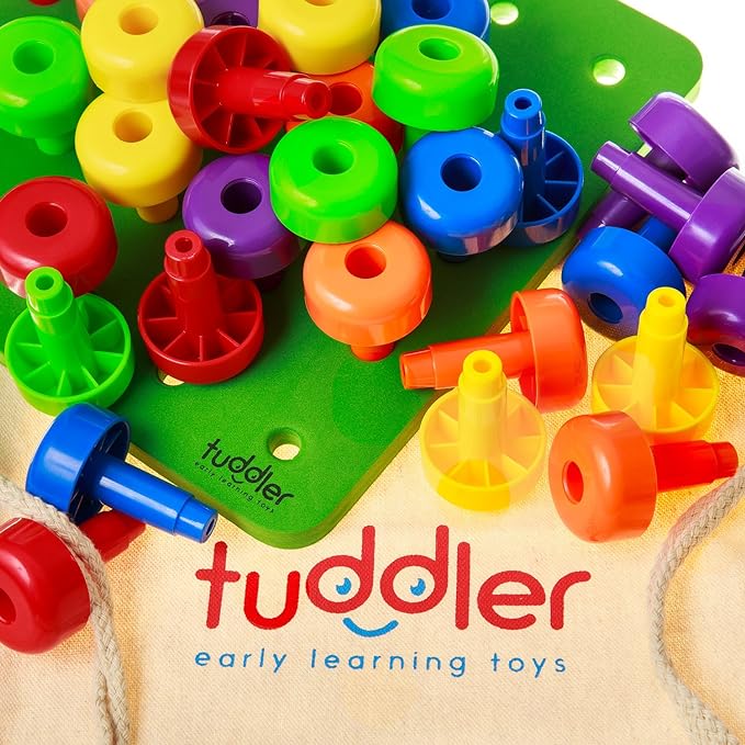 Toddler Peg Board Sensory Toys/Montessori Toys for Toddlers/Fine Motor Skills Toys/Educational Toys / 30 Pieces Stackable Pegs + Pattern Card + Drawstring Backpack + E-Book