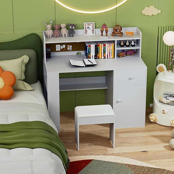 JMMD Kids Desk and Chair Set with Hutch, Wooden Student's Study Desk with Storage Cabinet and Drawer, Children Computer Writing Table for Girls Boys 8-12 Years, White