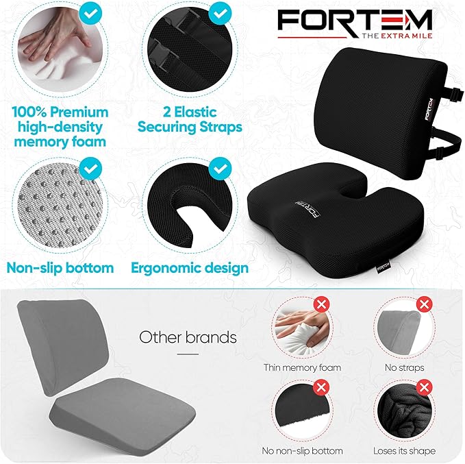 FORTEM Seat Cushion, Office Chair Cushion, Lumbar Support Pillow for Office Chair, Memory Foam Sciatica Coccyx Tailbone Pressure Pain Relief, Car Sitting Pad, Washable Non Slip